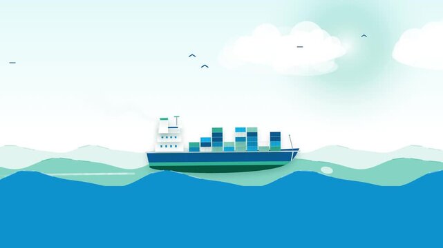 Flat Design Cartoon Container Cargo Ship Sailing Ocean with Waves Clouds and Seagulls &mdash; Maritime Shipping Logistics Brand Motion Graphic Animation Template