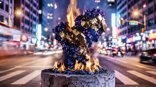 A burning object sits atop a concrete cylinder in the middle of a bustling city street at night