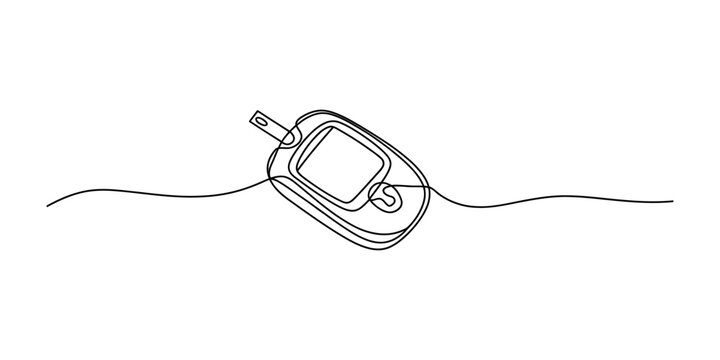 Continuous single line drawing of a blood glucose monitor for diabetes testing and health medical checkup equipment in a minimalist linear art style