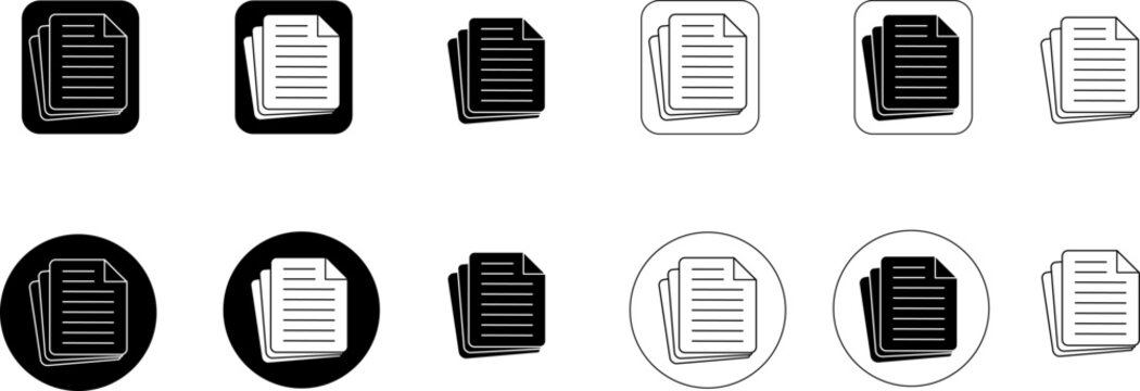 Document icons set, perfect for files, business folders. Black and white symbols, with square and circular borders, offer great layout variety. Paper stack vector graphics, ideal for UI design