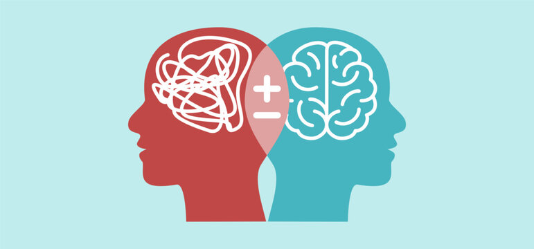 Interconnected human profiles that combine a chaotic and disordered mind with an organized and structured brain system, illustration of the concept of cognitive therapy and neurodiversity