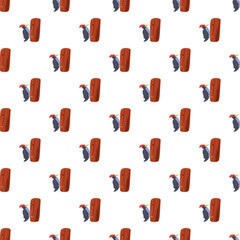 Fototapeta premium Woodpeckers creating a continuous pattern on tree logs, ideal for backgrounds