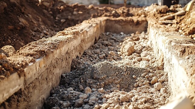 Trench excavation site with dirt walls and rocky gravel bottom for construction or foundation work