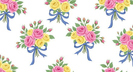 Obraz premium Seamless pattern displays beautiful bouquets of pink and yellow roses tied with elegant blue ribbons on a white background for textile print.