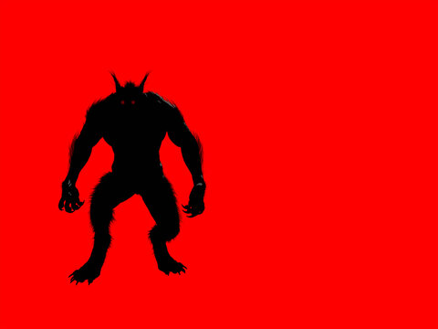 A werewolf or Dogman cryptid in black against a red background