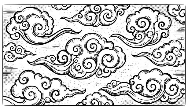 Vintage asian cloud pattern black and white engraving style