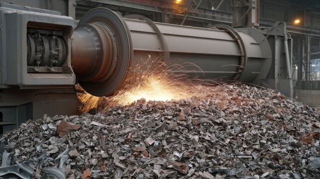 Industrial metal recycling process with large rotating drum machine crushing scrap metal pieces producing sparks and shavings in factory environment