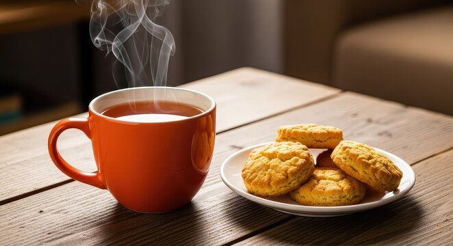 A steaming ceramic mug of amber tea sits on a rustic wooden table next to a small plate of golden crunchy biscuits during a cozy afternoon, comfort, refreshment, cookies