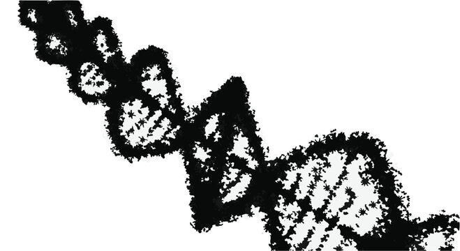 DNA strand model displays a complex molecular structure represented through high contrast stippled artistic techniques.