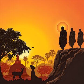 Poson Poya Day Buddhist Monks Walking at Sunset in Sri Lankan Temple Landscape Illustration