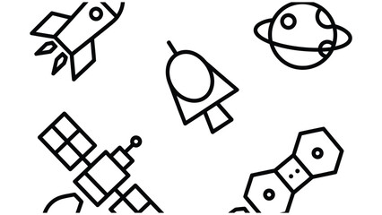 Black line drawings of cartoon spacecraft and planet in outer space with satellites © Asma 