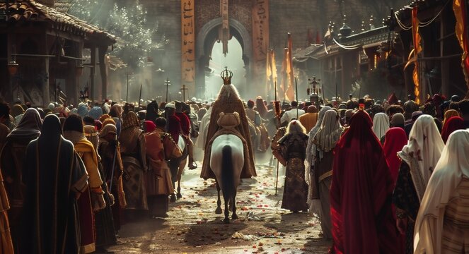 The king and royal members are riding on horses, with the common people and servants bowing in respect