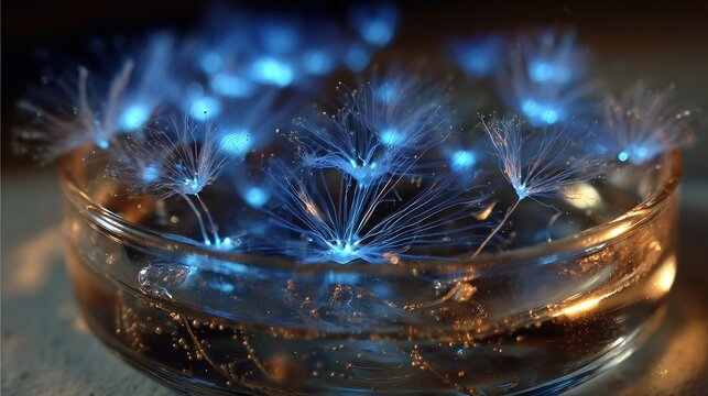 Bioluminescent dandelion seeds in a petri dish