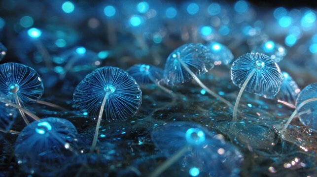 Bioluminescent fungi illuminated in the dark