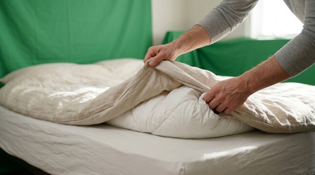 Hands smoothing white bedsheet on unmade bed with green background minimalist setting