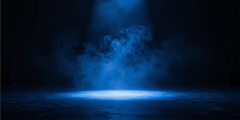 A dramatic empty stage background illuminated by a bright blue spotlight shining down through thick swirling smoke onto a dark floor. © Abdul