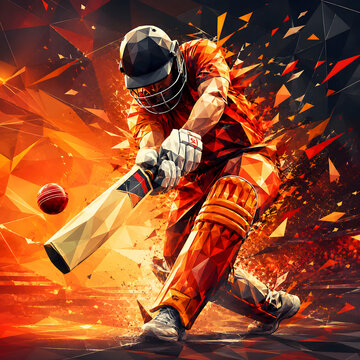 Low poly cricket batsman action sports poster