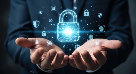 Fototapeta premium business professional holding digital security lock hologram with cyber icons