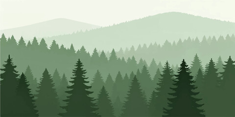 A beautiful summer landscape of a green pine and spruce forest in the mountains with fog rolling over the coniferous trees under a clear sky © Abdul