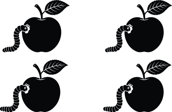 Black apple silhouette icon set with cute worm eating the fruit isolated on white background vector illustration