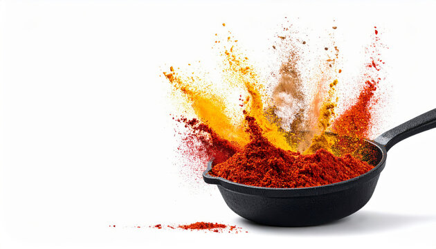 Artistic explosion of red chili powder yellow turmeric and cumin seed bursting in mid air