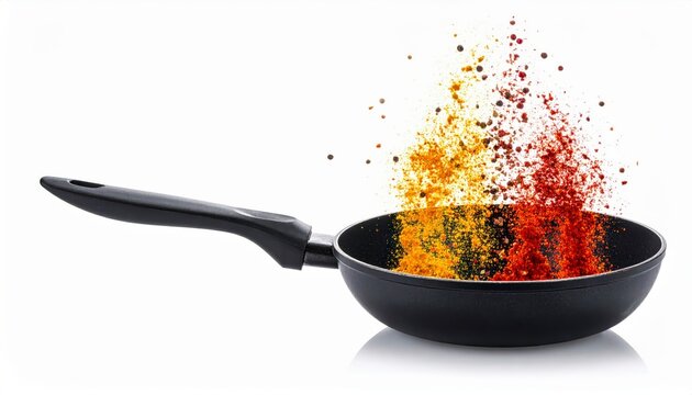 Artistic explosion of red chili powder yellow turmeric and cumin seed bursting in mid air