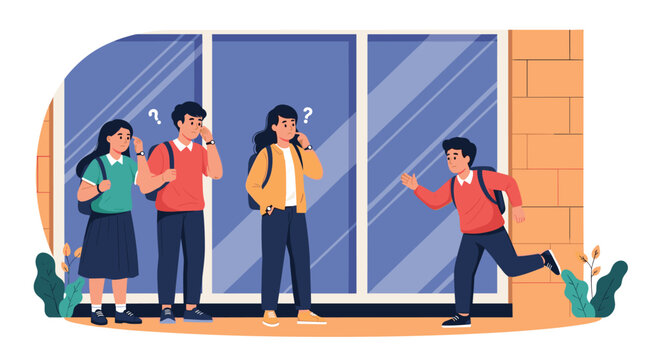 Group of students looking confused outside a building while their classmate runs toward them with a worried expression.