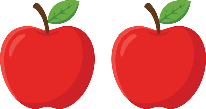 Two red apple vectors with glossy highlights and green leaves isolated on white background for health food commercial design