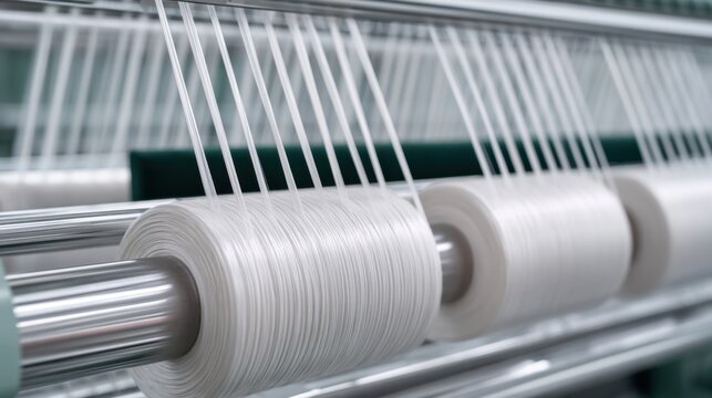 Close up of white thread yarn wound on spools with multiple strands stretched in parallel on metal rod in modern textile machinery factory