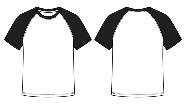 Two tone raglan t-shirt flat technical drawing illustration short sleeve on transparent background blank streetwear mock-up template for design and tech packs men or unisex