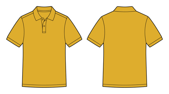 Yellow polo shirt flat technical drawing illustration short sleeve with collar on transparent background blank streetwear mock-up template for design and tech packs men or unisex