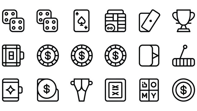 Black line icons for casino gambling and gaming concepts on white background