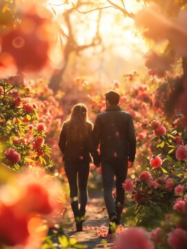 In a spring garden, a couple walks arm in arm