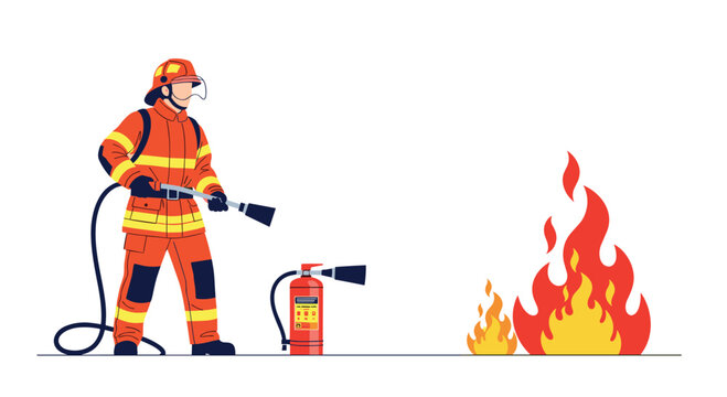 Firefighter wearing full protective gear using a hose and a red fire extinguisher to put out a large orange flame.