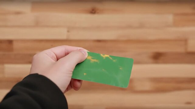 Close-up of a hand holding a green blank card against a wooden background.