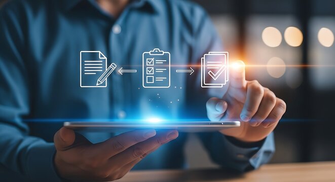 Digital Workflow Concept with Icons and a Person Touching Screen