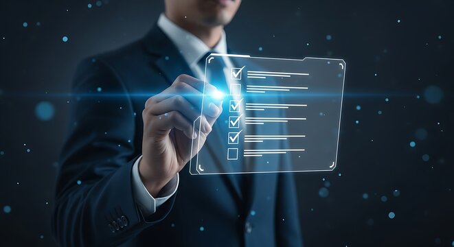 Businessman Ticking Checklist on Futuristic Interface