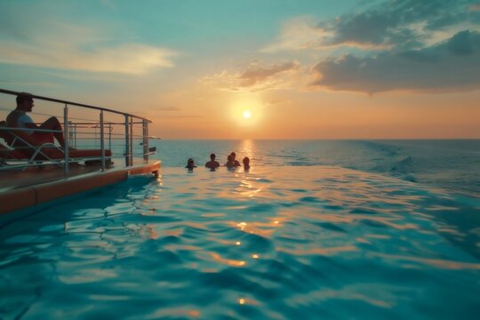 On the cruise ship deck, soft sunlight bathes the sea surface as tourists indulge in a luxurious journey