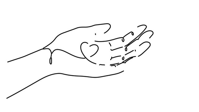 Animation of line drawing of an open hand with a heart symbolizing anti-violence and compassion.
