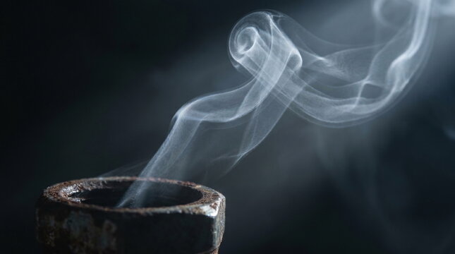 Cinematic close-up of swirling white smoke rising from an old rusty metal pipe fitting against a dark background