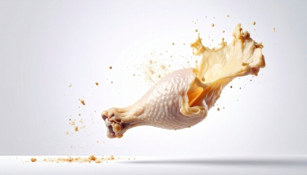 Dynamic high speed capture of country chicken drumstick snapping in mid air with spice blast