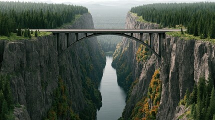 Obraz premium Concrete arch bridge spanning deep forested canyon with river in pacific northwest
