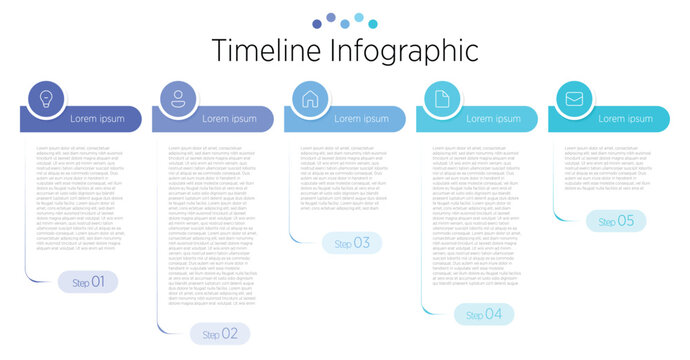 A clean and visually engaging 5-step timeline infographic designed to illustrate sequential progress or milestones. Each step is clearly marked with distinct icons and concise labels.