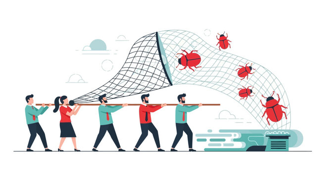 Business Team Working Together to Catch Software Bugs and Errors with a Net Concept