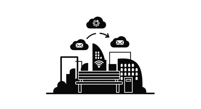 Smart city concept depicts a park bench integrated with digital connectivity and cloud data exchange.