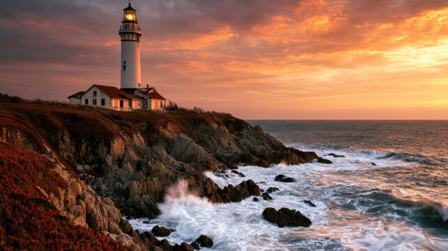 White lighthouse on rugged cliff coastline at dramatic sunset over Pacific ocean