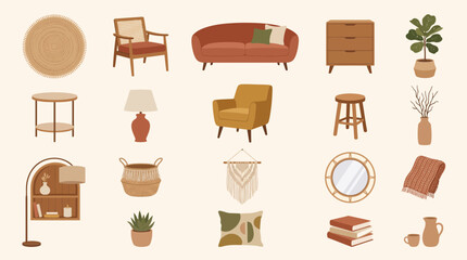 Set of modern furniture and home decor elements featuring chairs sofas plants tables rugs and lamps in flat vector style © Firdaus