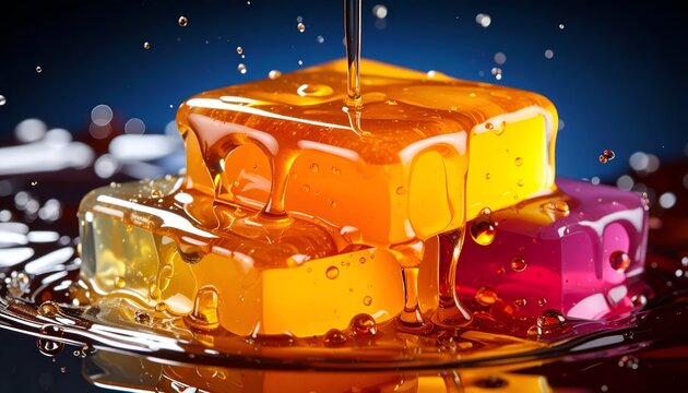 Syrup flows onto a colorful stack of transparent jelly cubes