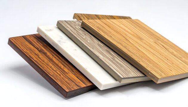 Five stacked material samples show assorted colors and textures on bright surface