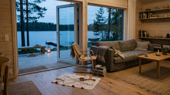  Apartamento real moderno con sof&aacute; gris y puertas abiertas hacia una terraza frente al lago y bosque.